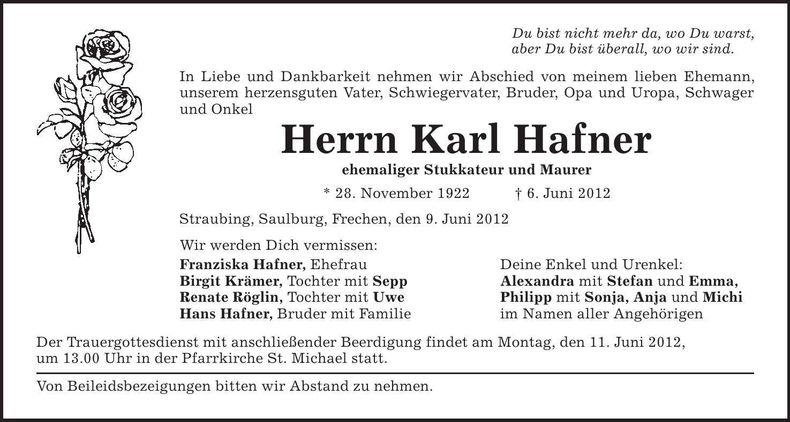 Traueranzeige Karl Hafner