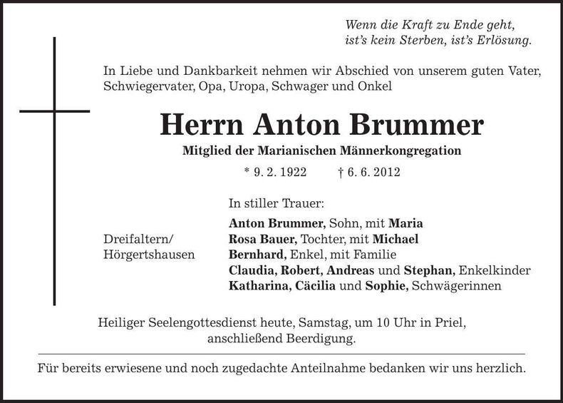 Traueranzeige Anton Brummer
