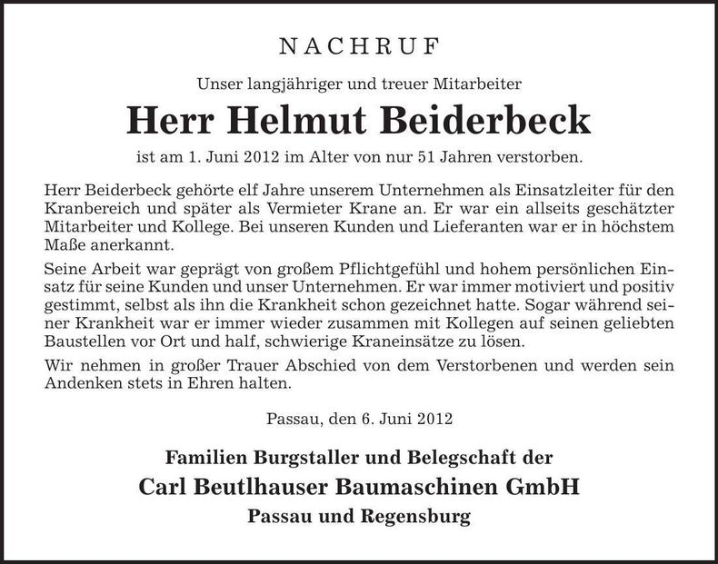 Traueranzeige Helmut Beiderbeck