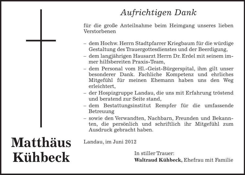 Traueranzeige Matthäus Kühbeck