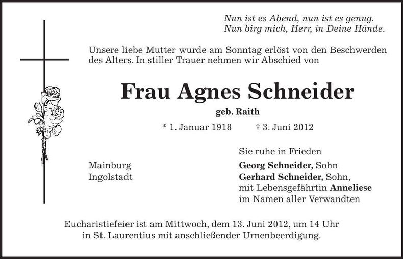 Traueranzeige Agnes Schneider