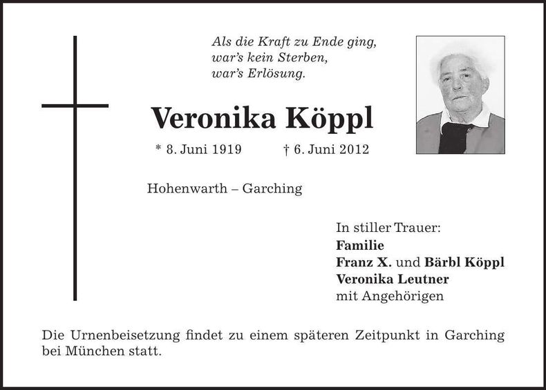 Traueranzeige Veronika Köppl