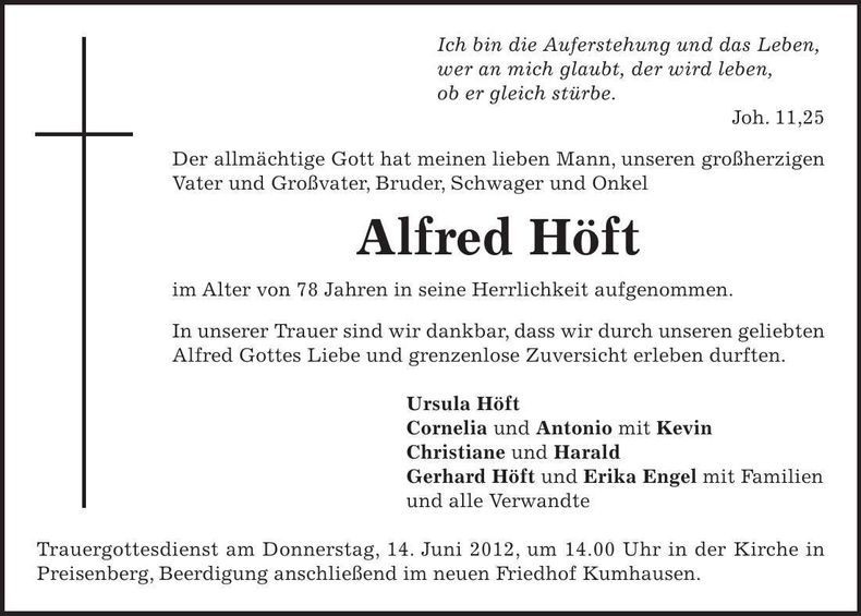 Traueranzeige Alfred Höft