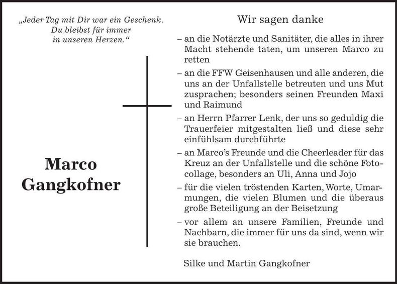 Traueranzeige Marco Gangkofner