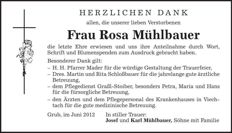 Traueranzeige Rosa Mühlbauer