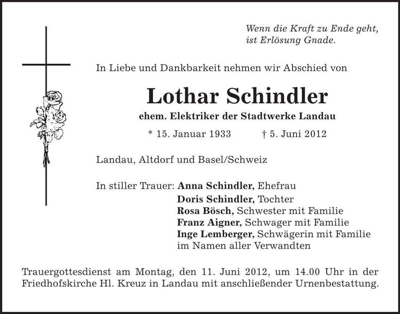 Traueranzeige Lothar Schindler