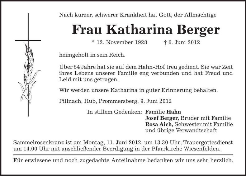 Traueranzeige Katharina Berger