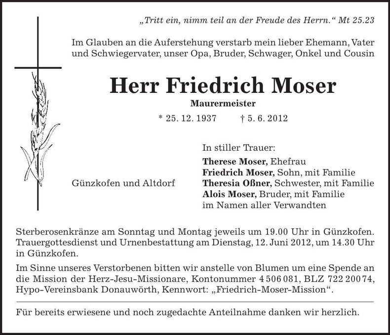 Traueranzeige Friedrich Moser