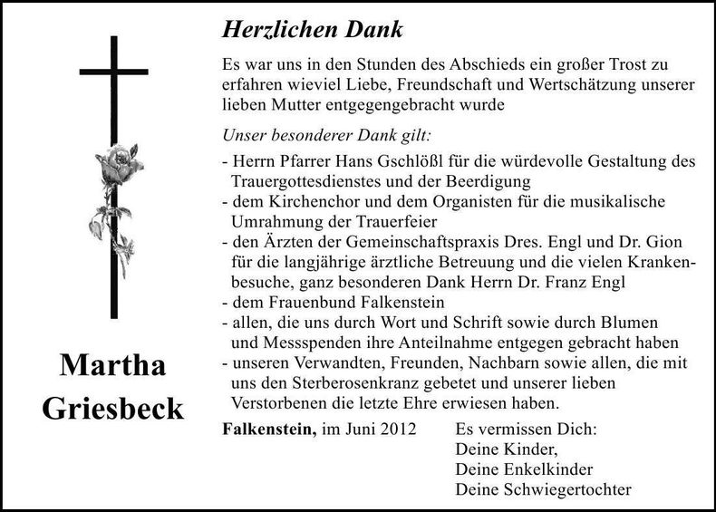 Traueranzeige Martha Griesbeck