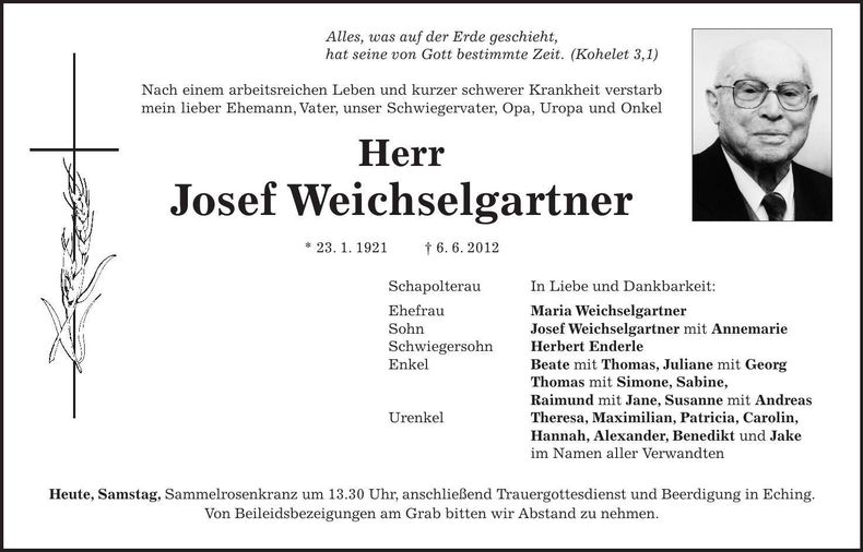 Traueranzeige Josef Weichselgartner
