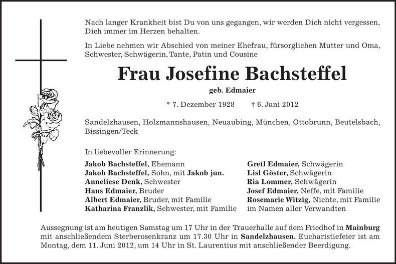Traueranzeige Fini Bachsteffel