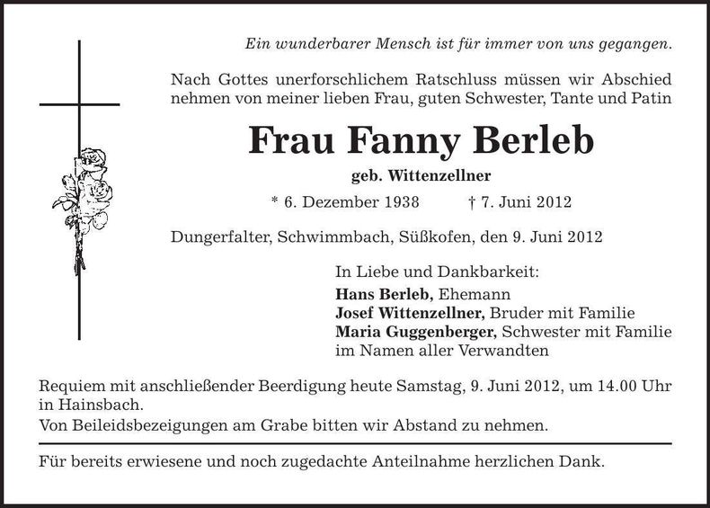 Traueranzeige Fanny Berleb