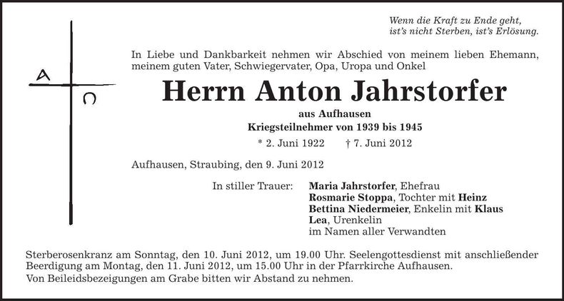 Traueranzeige Anton Jahrstorfer