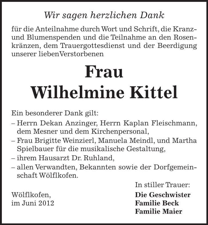 Traueranzeige Wilhelmine Kittel