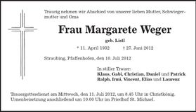 Traueranzeige Margarete Weger