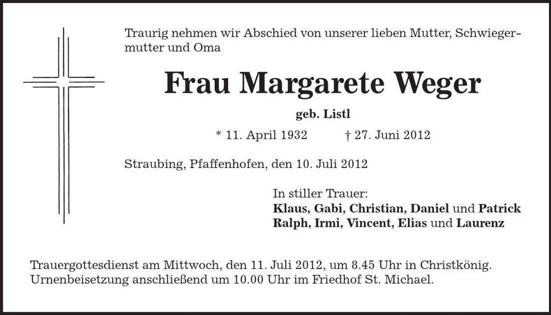 Traueranzeige Margarete Weger