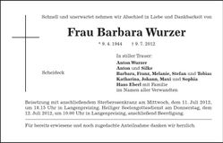 Traueranzeige Barbara Wurzer