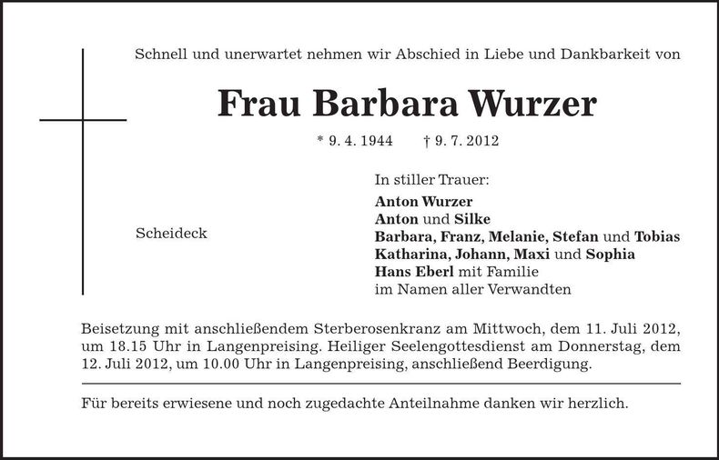 Traueranzeige Barbara Wurzer