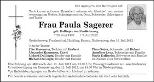 Traueranzeige Paula Sagerer