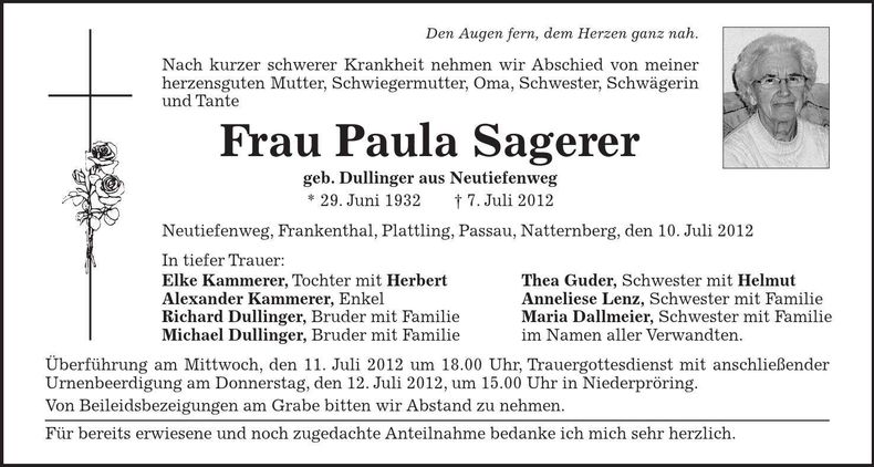 Traueranzeige Paula Sagerer