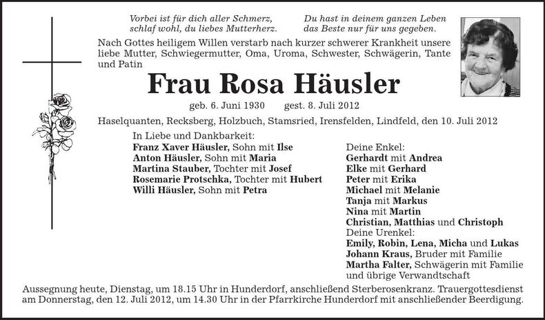 Traueranzeige Rosa Häusler