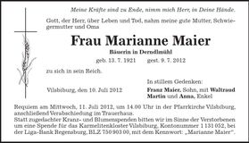 Traueranzeige Marianne Maier