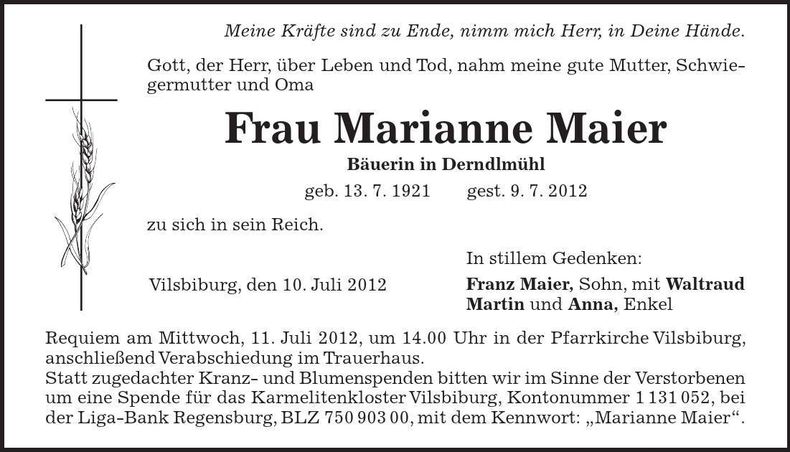 Traueranzeige Marianne Maier