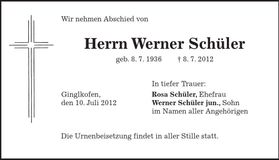 Traueranzeige Werner Schüler