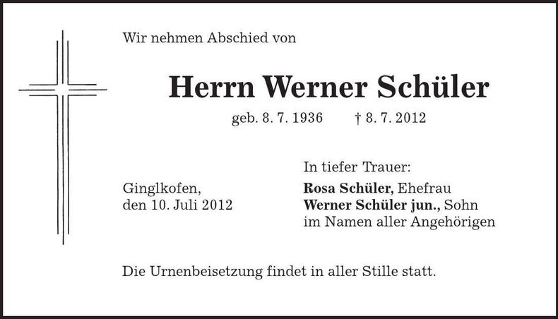 Traueranzeige Werner Schüler