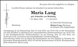 Traueranzeige Maria Lang