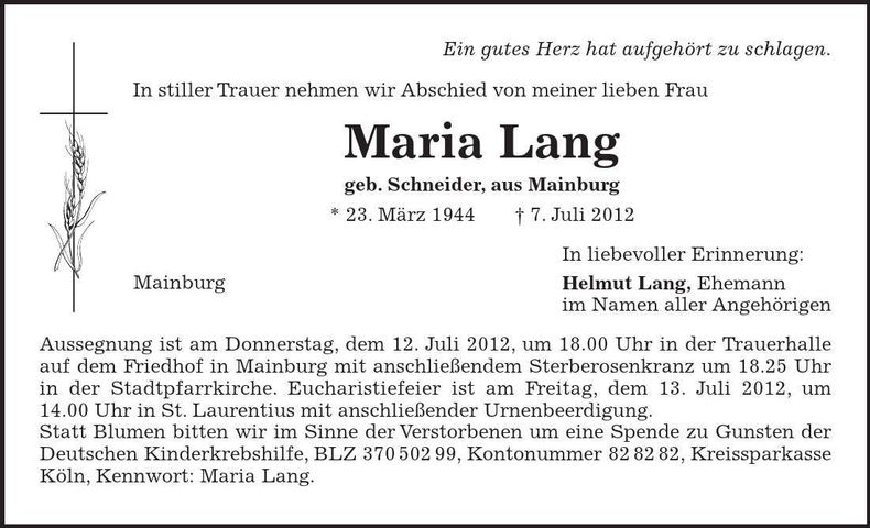 Traueranzeige Maria Lang