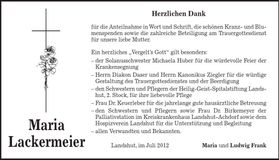 Traueranzeige Maria Lackermeier