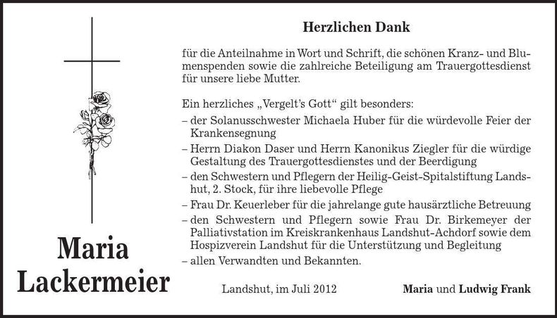 Traueranzeige Maria Lackermeier