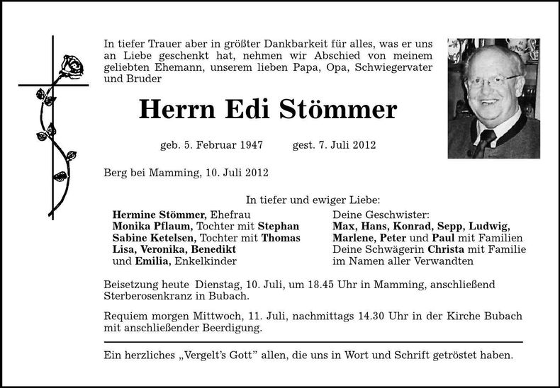 Traueranzeige Edi Stömmer