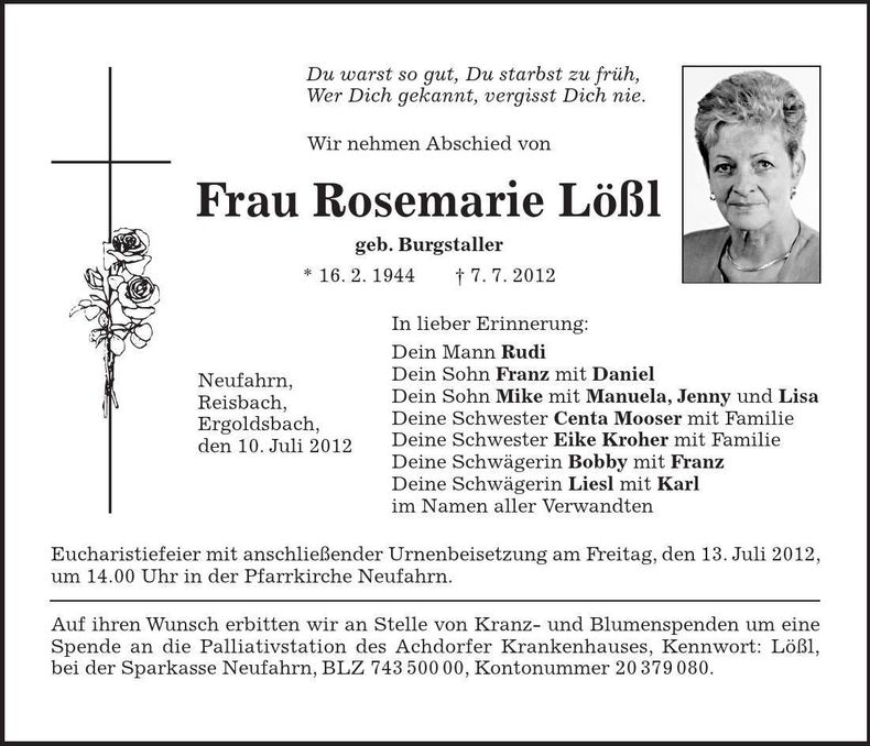 Traueranzeige Rosemarie Lößl