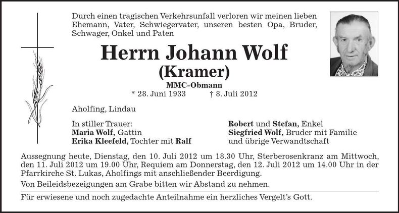 Traueranzeige Johann Wolf (Kramer)