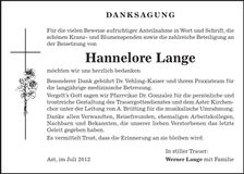 Traueranzeige Hannelore Lange