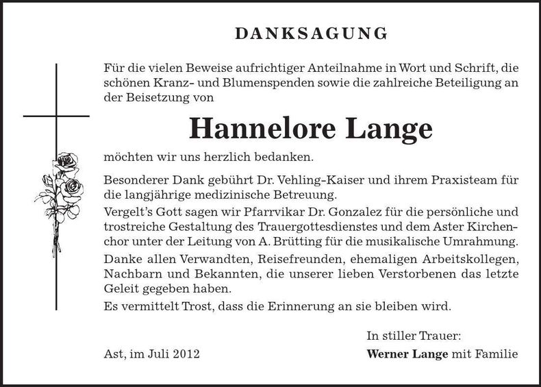 Traueranzeige Hannelore Lange