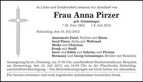 Traueranzeige Anna Pirzer