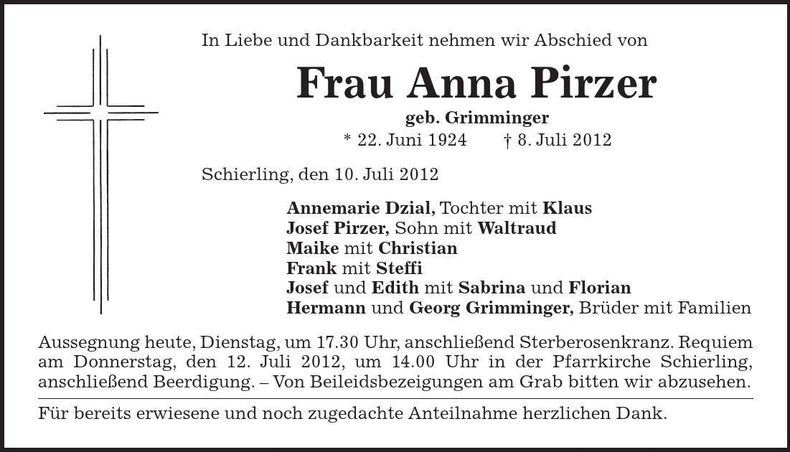 Traueranzeige Anna Pirzer