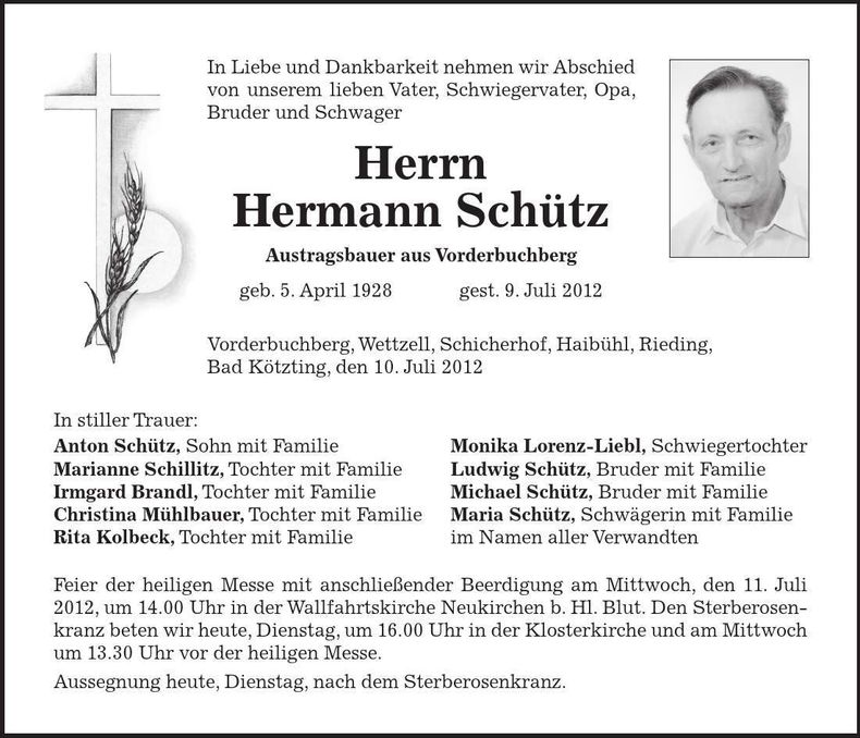 Traueranzeige Hermann Schütz