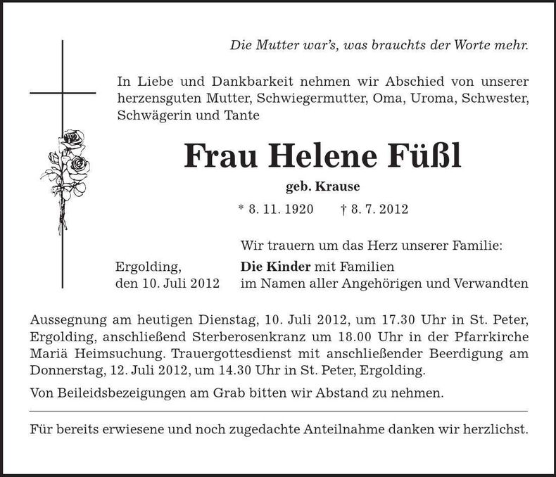 Traueranzeige Helene Füßl