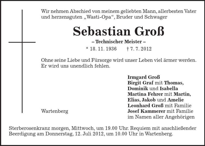 Traueranzeige Sebastian Groß
