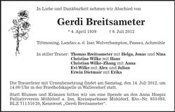 Traueranzeige Gerdi Breitsameter