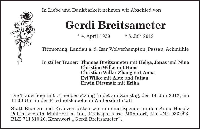 Traueranzeige Gerdi Breitsameter