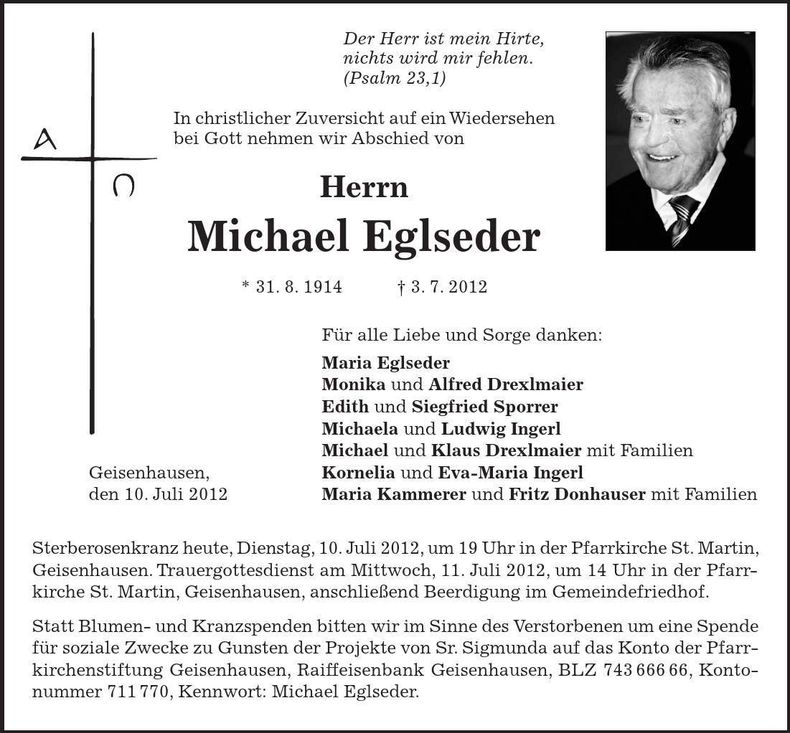 Traueranzeige Michael Eglseder