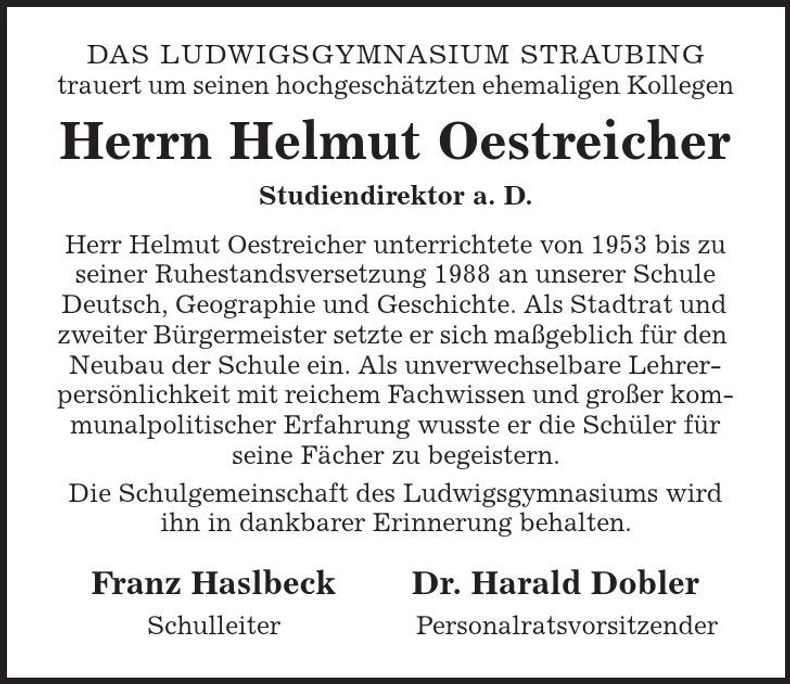 Traueranzeige Helmut Oestreicher