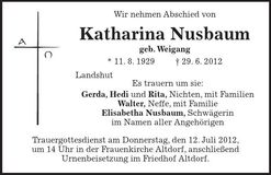 Traueranzeige Katharina Nusbaum