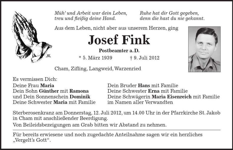 Traueranzeige Fink Josef