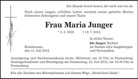 Traueranzeige Maria Junger